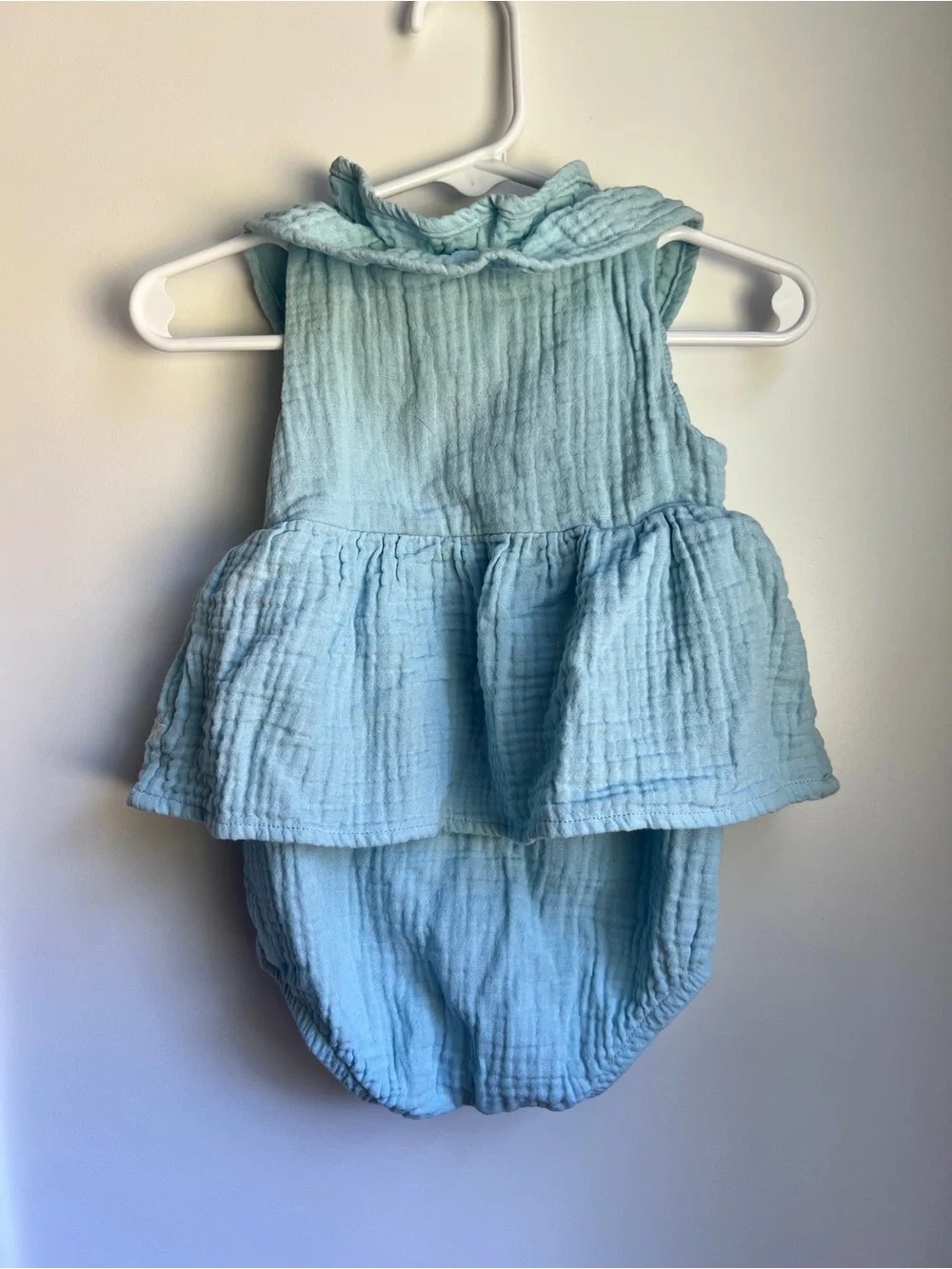 Carter’s Blue Muslin Bubble Romper Dress 9M Seashell Embroidered